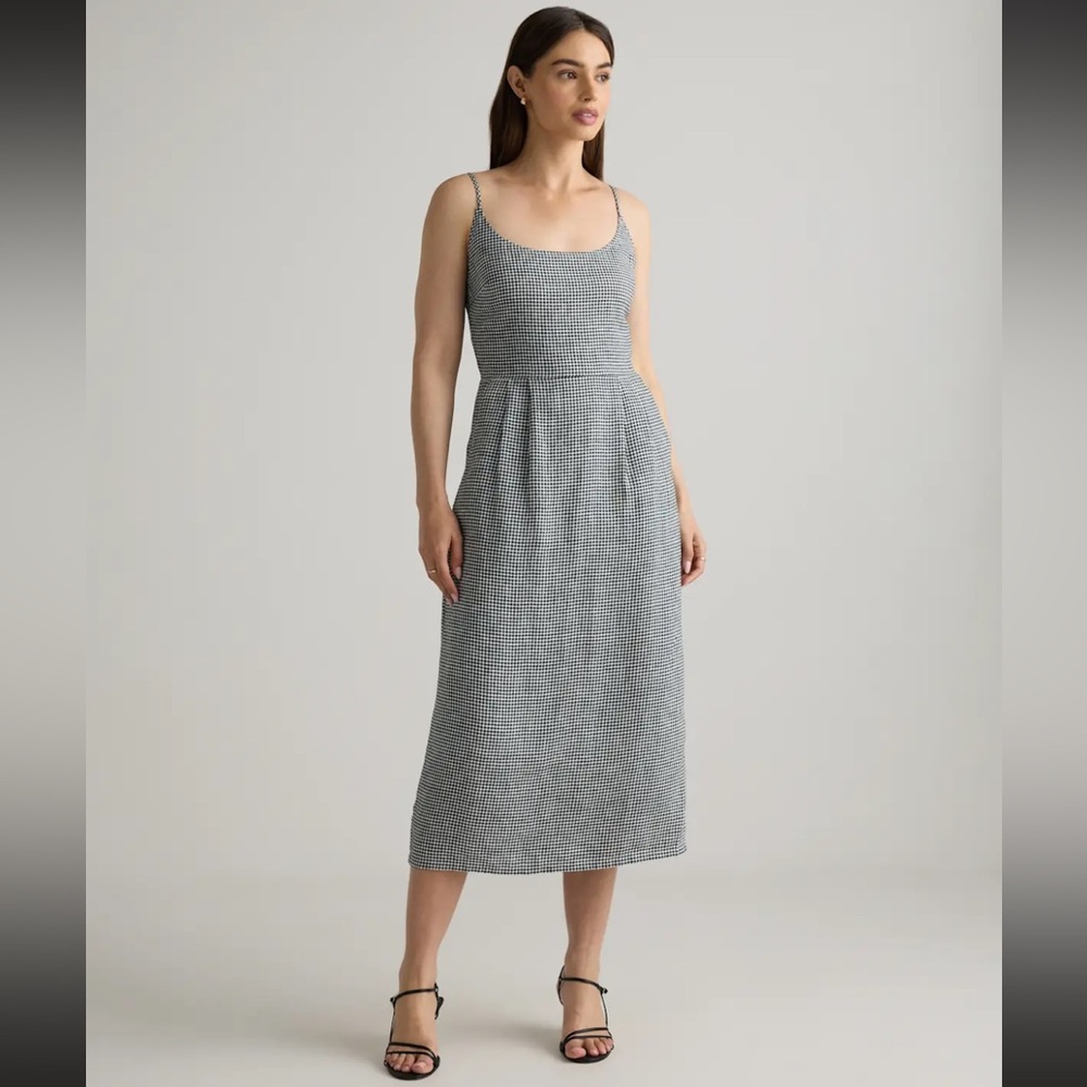 Quince European Linen Scoop Neck Midi Dress Classic Mini Gingham XS